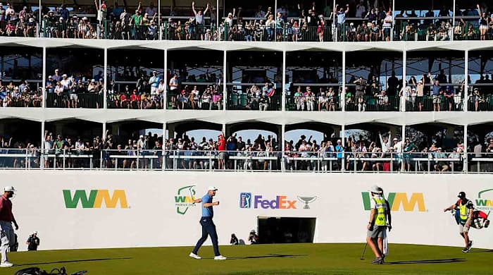 Scottie Scheffler reacts after making his par putt on the 16th hole during the final round of the 2023 WM Phoenix Open at TPC Scottsdale.